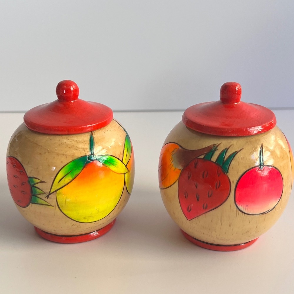 Vintage Hand Painted Wooden Fruit Canisters Set of 2 Red Lids Folk Art Jars